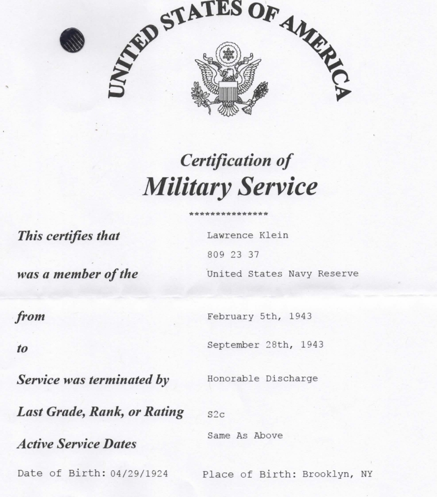 Lawrence Kane, Certification of Military Service